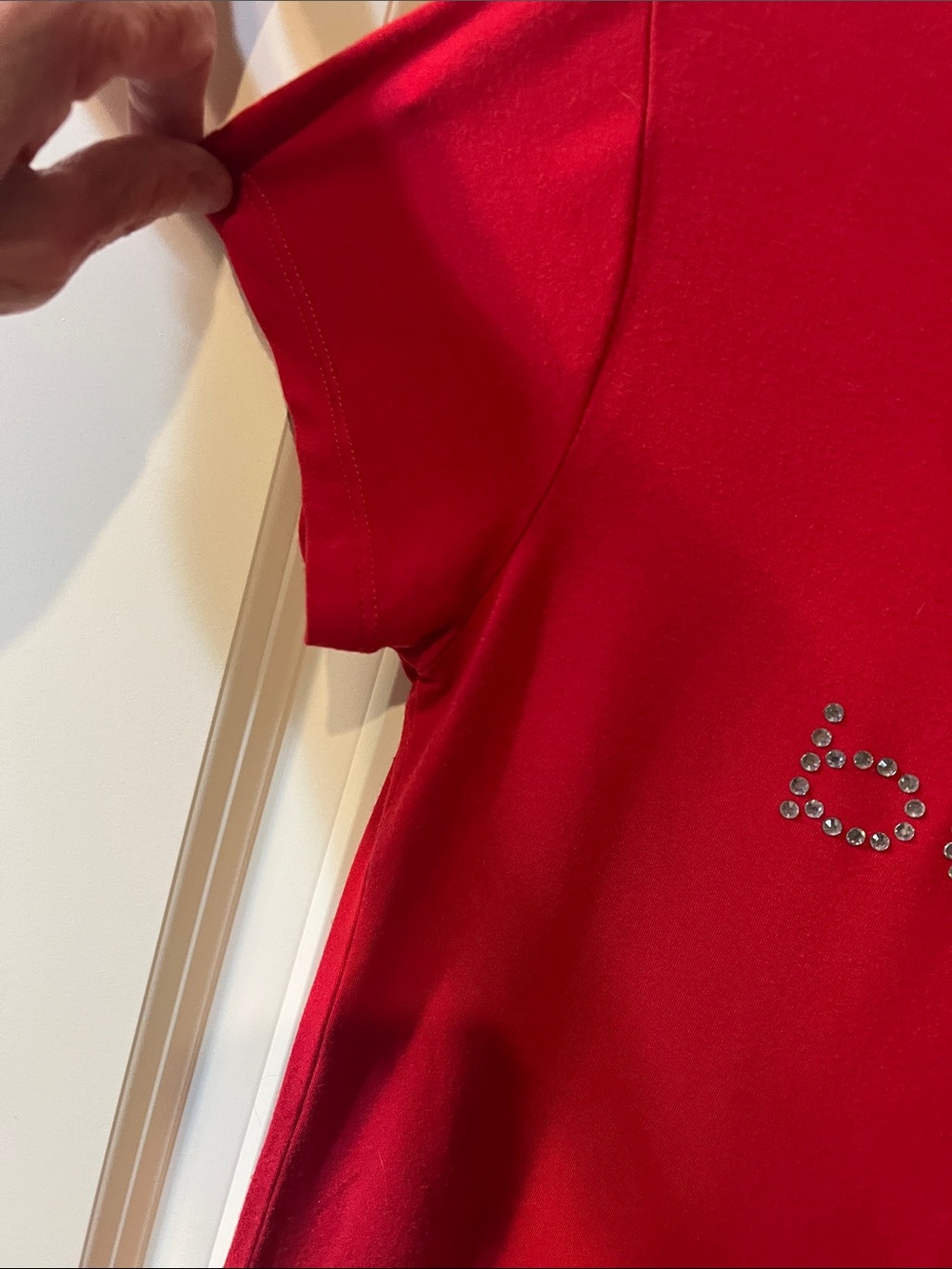 bebe Red Short-Sleeve Rhinestone Logo Tee H325 - Picture 5 of 9